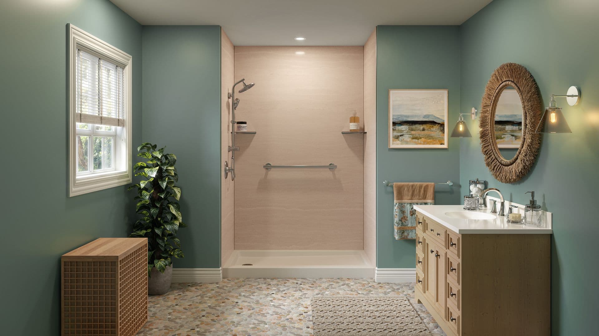 A teal blue bathroom with a tan walk-in shower with corner shelves and a grab bar.