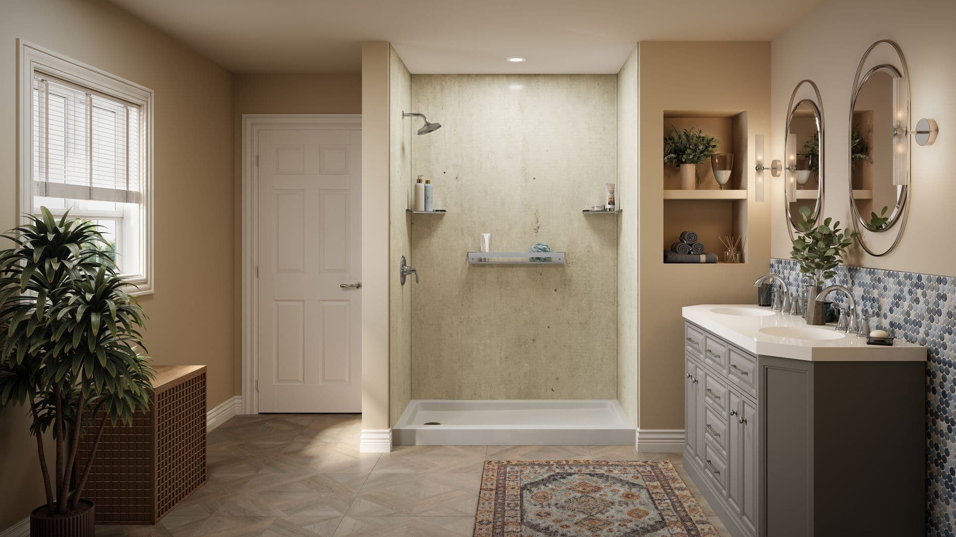 A beige bathroom with a walk-in shower with stone-textured walls and corner shelves and a double vanity sink to the right.