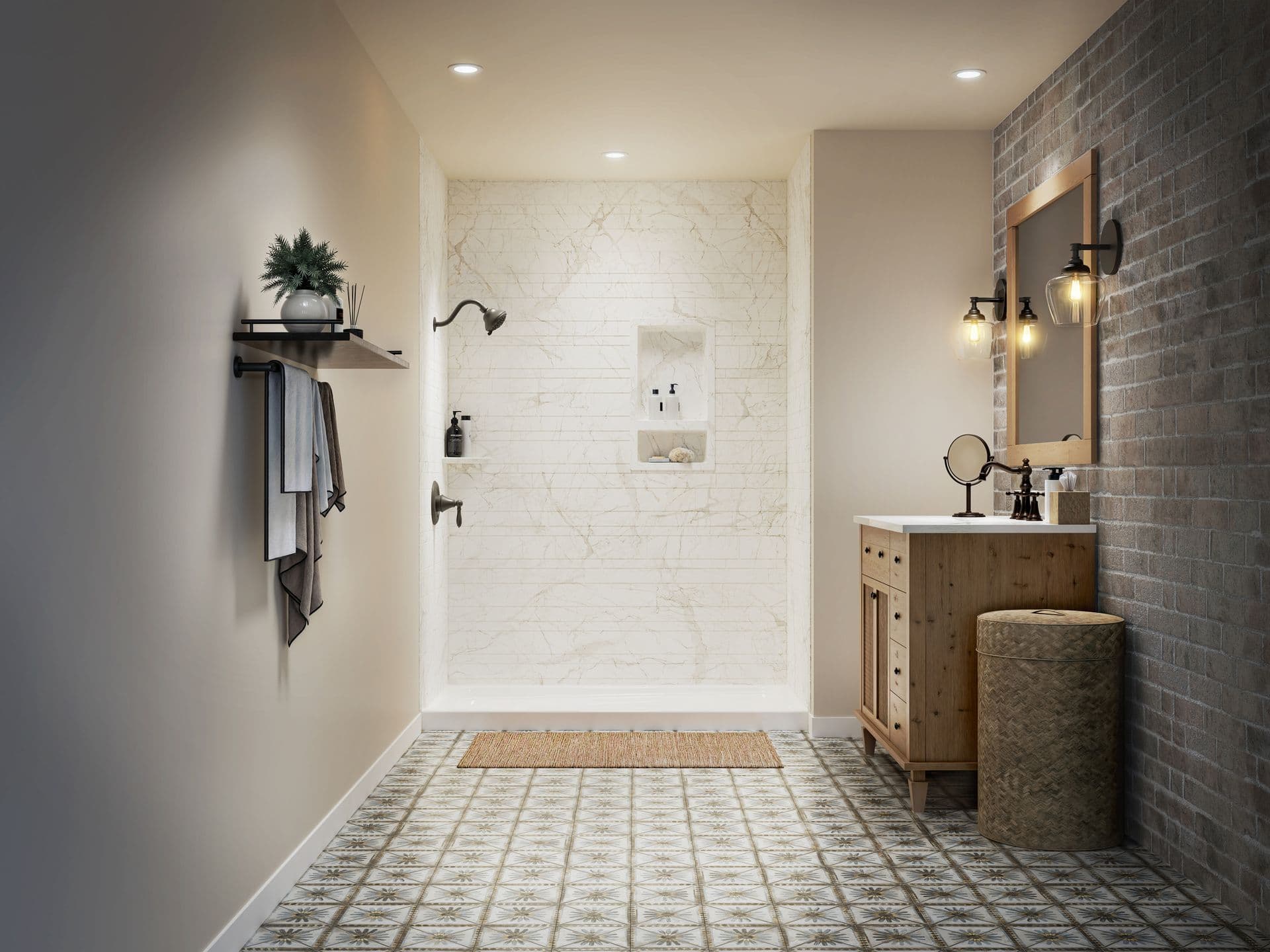 A beige bathroom with a walk-in shower with black fixtures, marble-patterned walls, geometric tile floor, and a brick accent wall on the right.