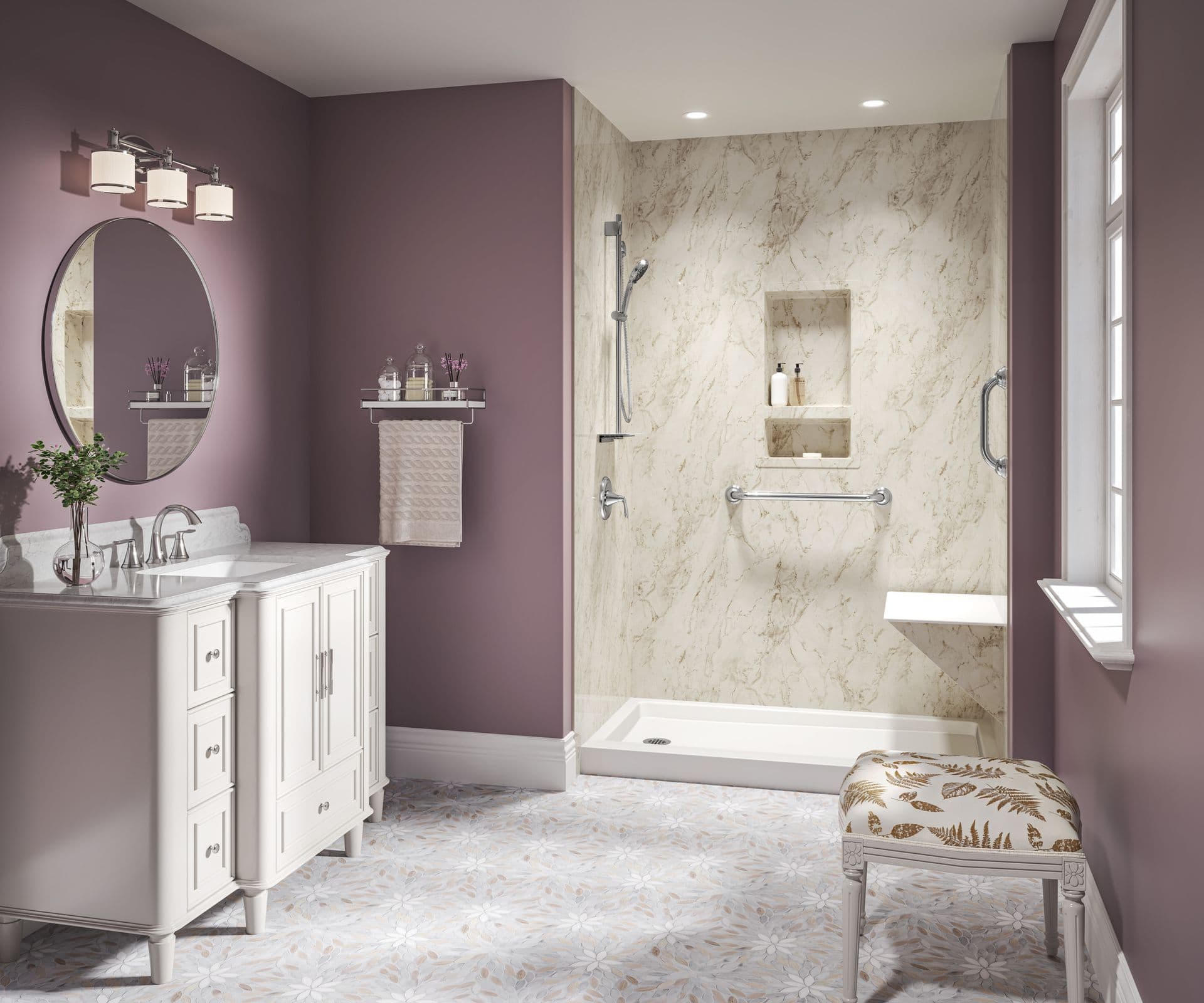 A purple bathroom with a newly-installed walk-in shower with grab bar, marbled walls, and built-in bench and shelves.