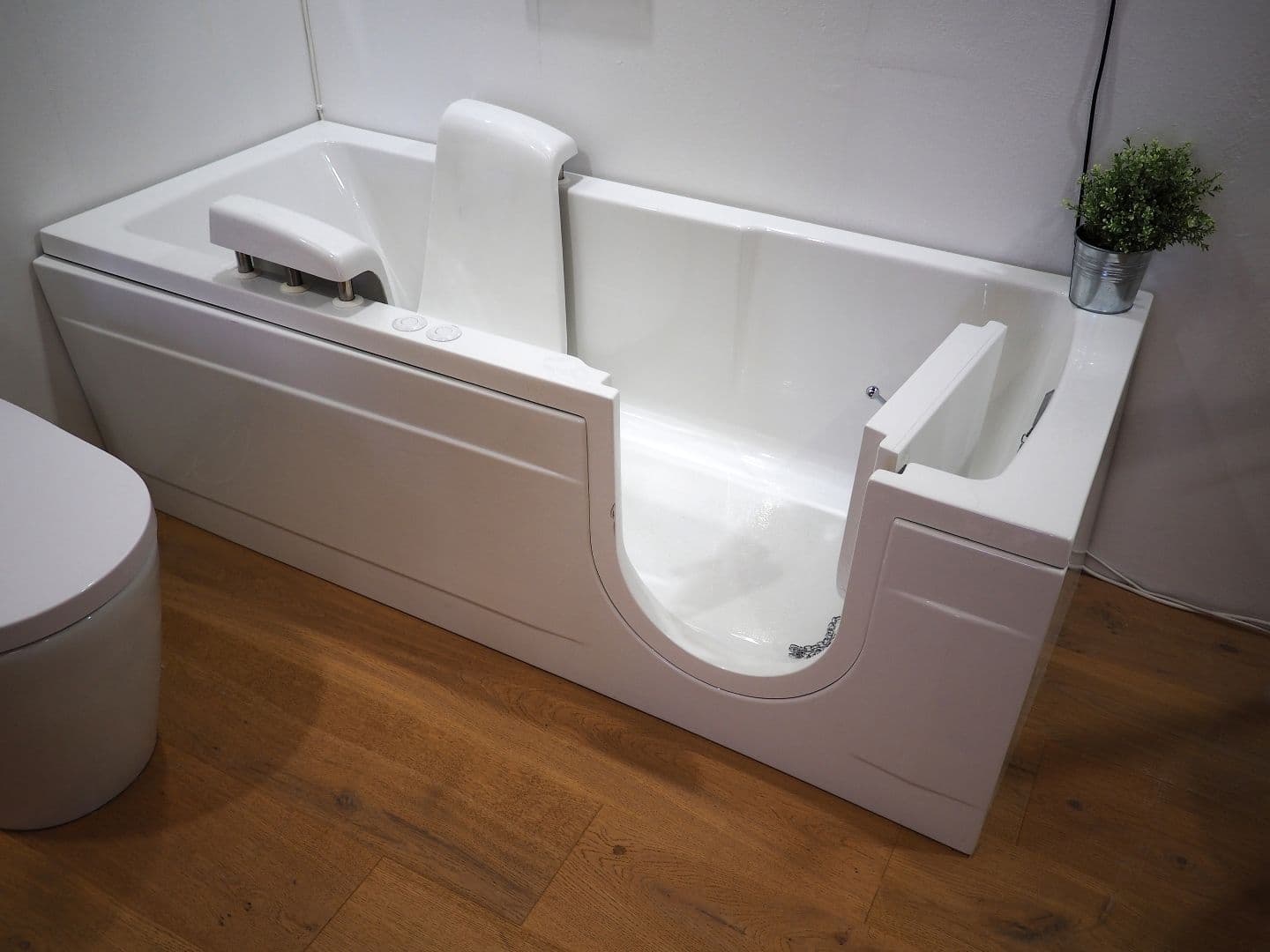 An accessible walk-in bathtub.