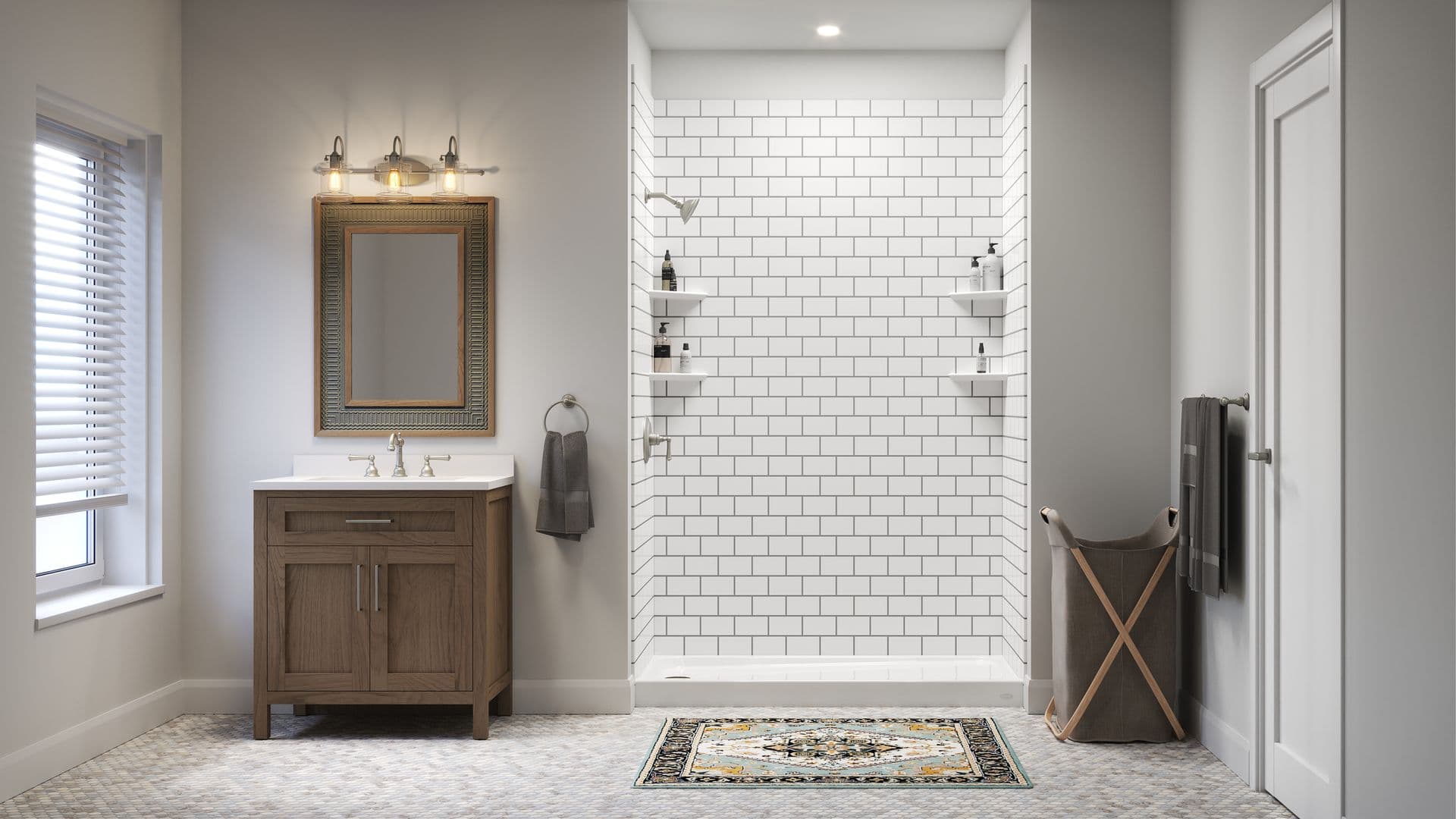 A gray bathroom with a walk-in shower with white subway tile walls and corner shelves.