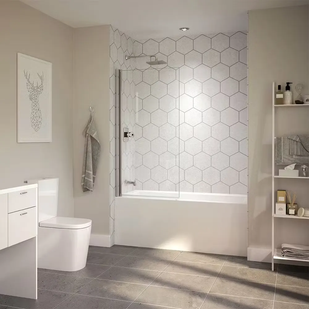 A combination shower bathtub with a partial glass partition wall, white hexagonal tile walls, and a waterfall shower head.