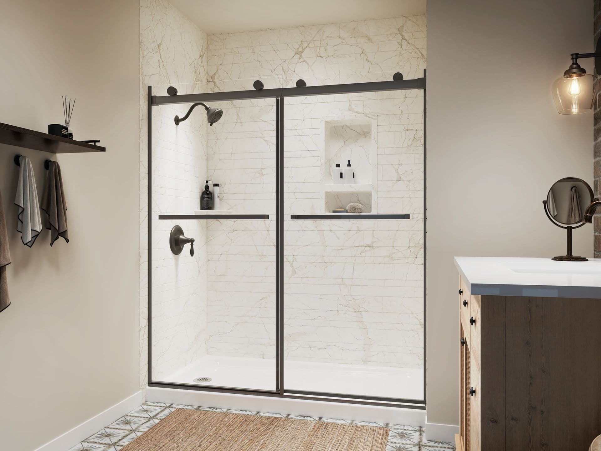 A beige bathroom with a walk-in shower with sliding glass doors, black fixtures, and marble-patterned walls.
